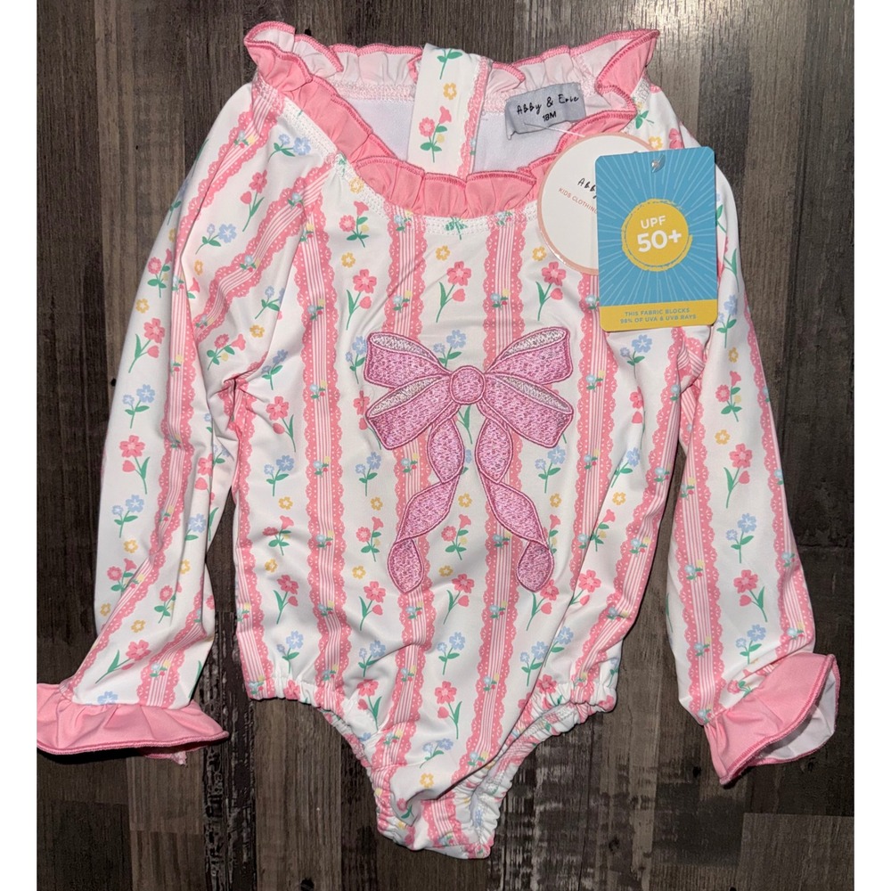 NWT Abby & Evie 18M Floral Striped Pink Bow Long Sleeve One Piece Swimsuit UPF